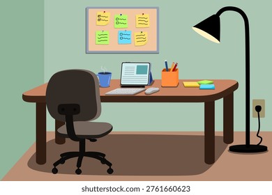 Flat design digital workspace with tablet, keyboard, mouse and stylus on desk with sticky notes and office supplies. Modern home office scene focused on planning, productivity, organization and remote work concepts.