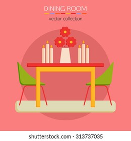 Flat design dining room icon. Table with candles, flowers and two chairs. Vector illustration.