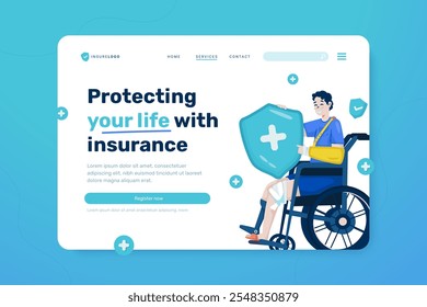 Flat design of a disability man in wheelchair and holding shield, Medical health insurance protection, Vector illustration on landing page template
