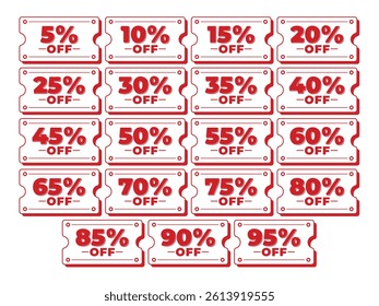 Flat design discount coupon tickets in red and white, featuring rounded edges and bold percentage values from 5% to 95% off. Ideal for sales, promotion banners, and e-commerce. Vector format.