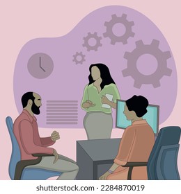 Diseño plano de un hombre que habla y dos mujeres en el cargo
