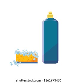 Flat design of dishwashing liquid and sponge with foam. Detergent bottle icon concept. Template of cleaning supplies. Isolated vector illustration.