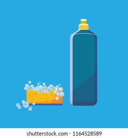 Flat design of dishwashing liquid and sponge with foam. Detergent bottle icon concept. Template of cleaning supplies. Isolated vector illustration.