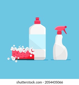 Flat design of dishwashing liquid and sponge with foam. Detergent bottle icon concept. Template of cleaning supplies. Isolated vector illustration.