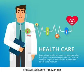 Flat design doctor. Handsome doctor with stethoscope and many different medical icons. Cardiologist Dr. Vector illustration can be used in the brochures and websites.