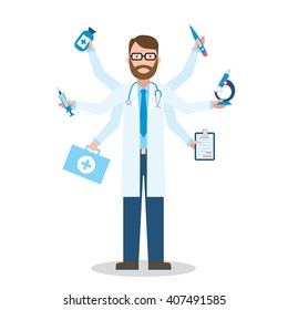 flat design doctor. multitasking medical Doctor isolated on white. Doctor shiva Character vector concept.