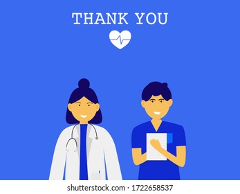 Flat design doctor and nurse wearing uniform, worker hospital doctor and nurse medical staff, big thank you to hero people safe live, cartoon character essential worker fighting Coronavirus vector  