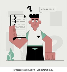 Flat design Document corrupted illustration. A man is holding a document and looking at it.