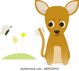 Flat design dogs love butterflies that want to perch on flowers