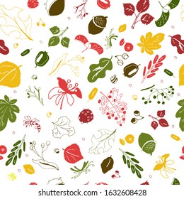 Flat design doodle floral seamless pattern. Oak, maple, birch, linden leaves. Bugs, ladybug, bee, wasp. Acorn, chestnut. Leaf fall, autumn, summer. Prints, t-shirts, linens