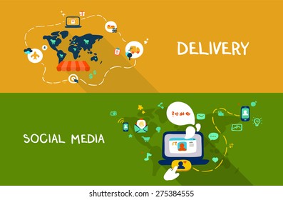 Flat design doodle illustration concept of delivery and social media