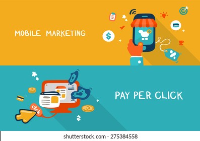 Flat design doodle illustration concept of mobile marketing and pay per click