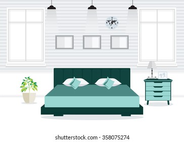 Flat Design Double Bedroom with furniture, Bedroom interior, conceptual Vector illustration.