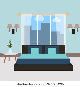 Flat Design Double Bedroom, Bedroom interior, furniture interior Vector illustration.