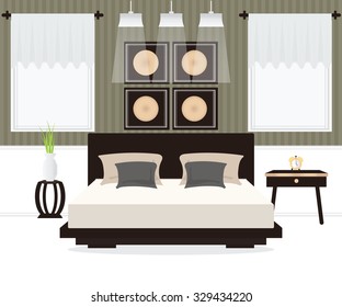 Flat Design Double Bedroom, Bedroom interior,conceptual Vector illustration.