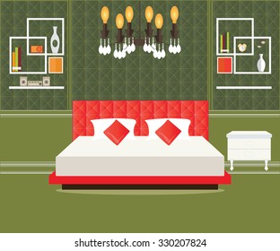 Flat Design Double Bedroom, Bedroom interior,conceptual Vector illustration.
