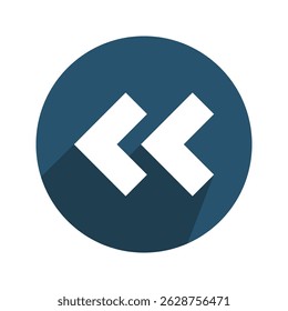 Flat design double left arrow icon. Blue circular button, white rewind symbol, long shadow. Previous, back, or media control element.