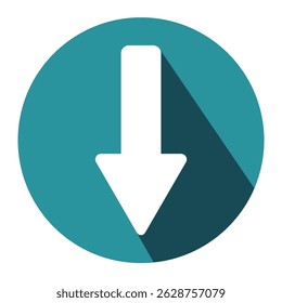 Flat design down arrow icon. Teal circular button with white arrow and long shadow. Download, scroll, or navigation symbol for web, app.
