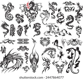 Flat design dragon silhouette illustration, Dragon logo template, Dragons collection in black color, Dragon silhouettes,, Dragon tattoo design vector image,