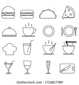 Diseño plano conjunto de esquema de diseño icono de alimento, línea de ataque equipo de ícono de alimentos, set icono restaurante alimentos y equipo de bebidas 