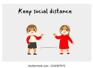flat design drawing of a child keeping a distance