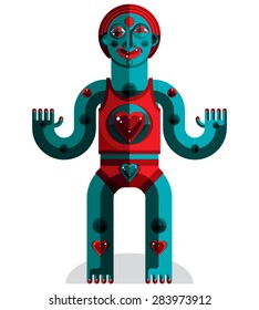 Flat design drawing of odd character, art picture made in cubism style. Vector colorful illustration of spiritual totem isolated on white.