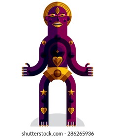 Flat design drawing of odd character, art picture made in cubism style. Vector colorful illustration of spiritual totem isolated on white.