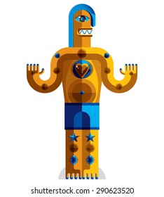 Flat design drawing of odd character, art picture made in cubism style. Vector colorful illustration of spiritual totem isolated on white.

