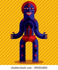 Flat design drawing of odd character, art picture made in cubism style. Vector colorful illustration of spiritual totem isolated on striped background.