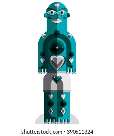Flat design drawing of odd character, art picture made in cubism style. Vector colorful illustration of spiritual totem isolated on white. Love concept.