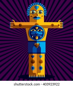 Flat design drawing of odd character, art picture made in cubism style. Vector colorful illustration of spiritual totem isolated on art decorative background.