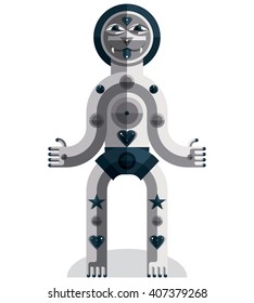 Flat design drawing of odd character, art picture made in cubism style. Vector grayscale illustration of spiritual totem isolated on white.
