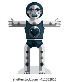Flat design drawing of odd character, art picture made in cubism style. Vector grayscale illustration of spiritual totem isolated on white.