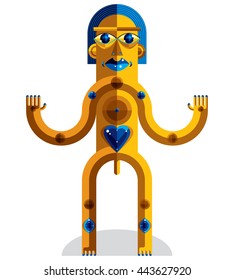 Flat design drawing of odd character, art picture made in cubism style. Vector colorful illustration of spiritual totem isolated on white.