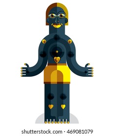 Flat design drawing of odd character, art picture made in cubism style. Vector colorful illustration of spiritual totem isolated on white.