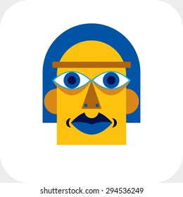 Flat design drawing of a person face, art picture made in cubism style. Vector colorful illustration of bizarre character.