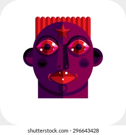 Flat design drawing of a person face, art picture made in cubism style. Vector colorful illustration of bizarre character.