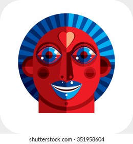 Flat design drawing of person face, art picture made in cubism style. Vector colorful illustration of bizarre character.