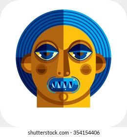 Flat design drawing of a person face, art picture made in cubism style. Vector colorful illustration of bizarre character.