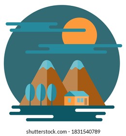 Flat design. The drawing shows trees, a house, and high mountains.