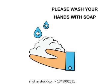 Flat design drawn outline hand sign and symbol, hand washing medical healthcare hygienic, text lettering please wash your hands with soap, hygiene cleaning poster vector Illustration
