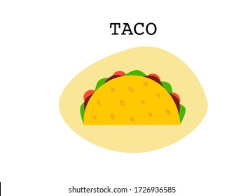 Flat design drawn outline taco icon tortillas Mexican food, Mexican spicy hot food cuisine yummy beef tacos, vector single Taco isolated in white background, text taco, Mexican food traditional 