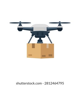 Flat Design Drone Delivering Cardboard Box Isolated. Autonomous Drone Package Delivery. Delivery Drone Carrying Cardboard Package.
