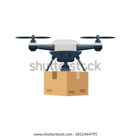 Flat Design Drone Delivering Cardboard Box Isolated. Autonomous Drone Package Delivery. Delivery Drone Carrying Cardboard Package.