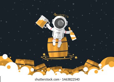 Flat design, Drunk Astronaut sitting on wooden barrel while holding a big glass of beer and beer bottle ,Vector illustration, Infographic Element