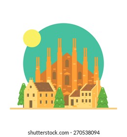 Flat design of Duomo di Milano Italy with village illustration vector