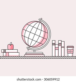 Flat Design with Earth Globe and Books