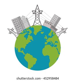 flat design earth globe with buildings and electricity towers icon vector illustration