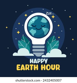 Flat Design earth hour illustration with lightbulb, sleeping planet and Stars for poster and banner