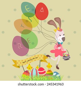 Flat Design of Easter Card having Eggs and Bunny carrying Easter Balloons with the Greeting Message on Stylish Background